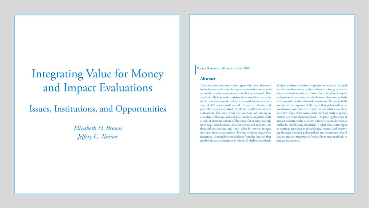 Brown ( @CEGA_UC) and Tanner ( @WorldBank) give more systematic thoughts on why there isn’t more cost analysis in evaluations based on a survey of hundreds of policy makers and more than a dozen journal editors.  https://openknowledge.worldbank.org/handle/10...