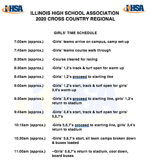 hehsathletics's tweet image. IHSA Girls Regional Cross Country time schedule for this Saturday.