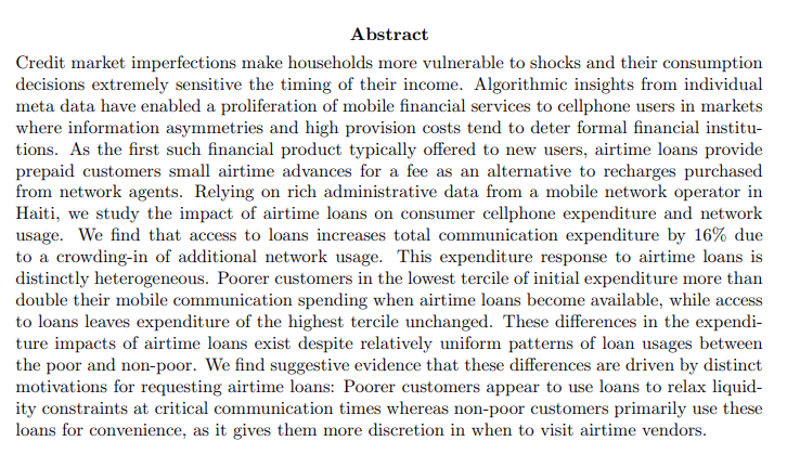 Oscar Barriga-Cabanillas (UC Davis):"Liquidity or Convenience? Heterogeneous Impacts of Mobile Airtime Loans on Communication Expenditure"Website:  https://www.obcabanillas.com 