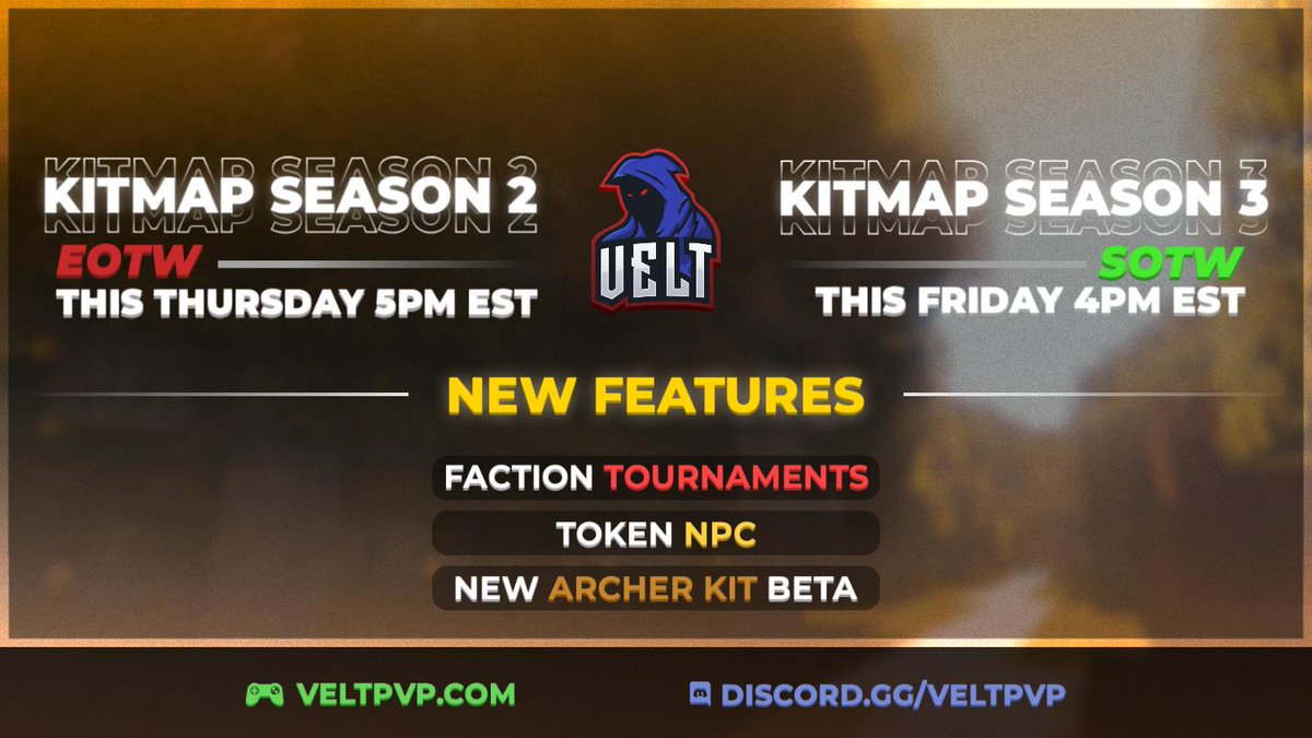 VeltPvP's tweet image. VeltPvP 1.0 | Kitmap Season 3 💥

• Kitmap EOTW this Thursday @ 5PM EST

• Kitmap SOTW this Friday @ 4PM EST

➥ New Archer Class (Beta)
➥ NPCs

More Info:
📰 veltpvp.com/thread/2397/Ki…

We're giving away the following:

★ 1x Velt+ Rank (30 Day)

❤️, 🔄 and follow us to enter!