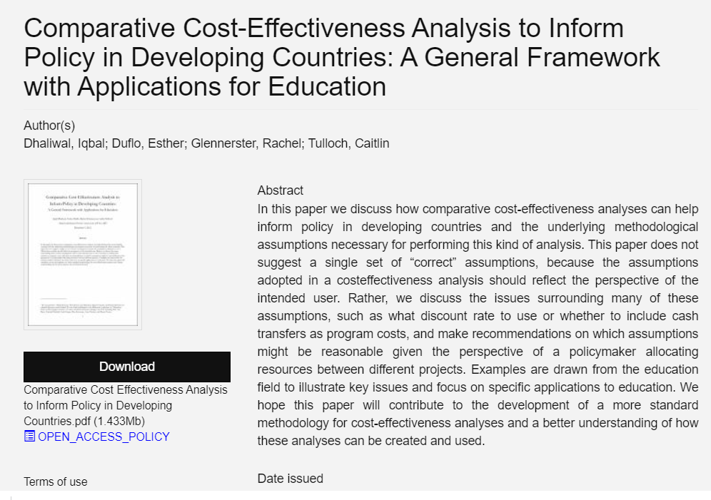 Many researchers have done good work on this. If you want a primer, try Dhaliwal et al.'s "Comparative Cost-Effectiveness Analysis to Inform Policy in Developing Countries: A General Framework with Applications for Education"  https://dspace.mit.edu/handle/1721.1/116111