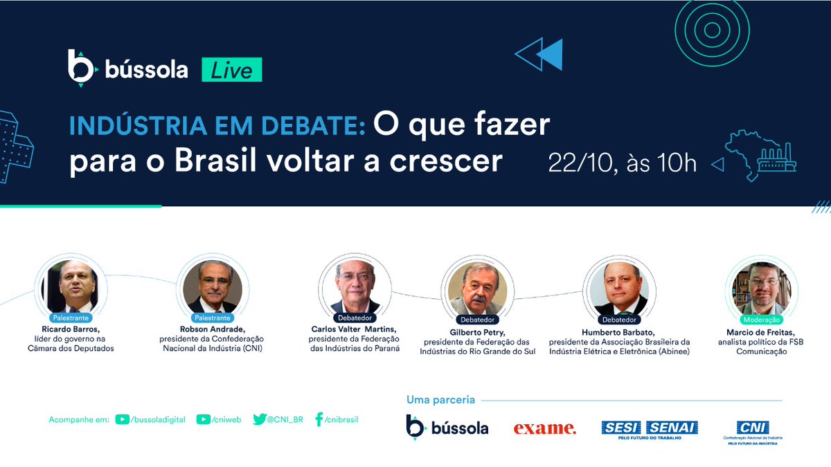 Amanhã (22), o presidente da Abinee, Humberto Barbato, estará em evento da <a href="/CNI_br/">CNI Brasil</a>, em parceria com a Exame. O debate reúne representantes da indústria e o líder do governo na Câmara dos Deputados, Ricardo Barros. Acompanhe o evento pelo Youtube: bit.ly/3dQHOoh