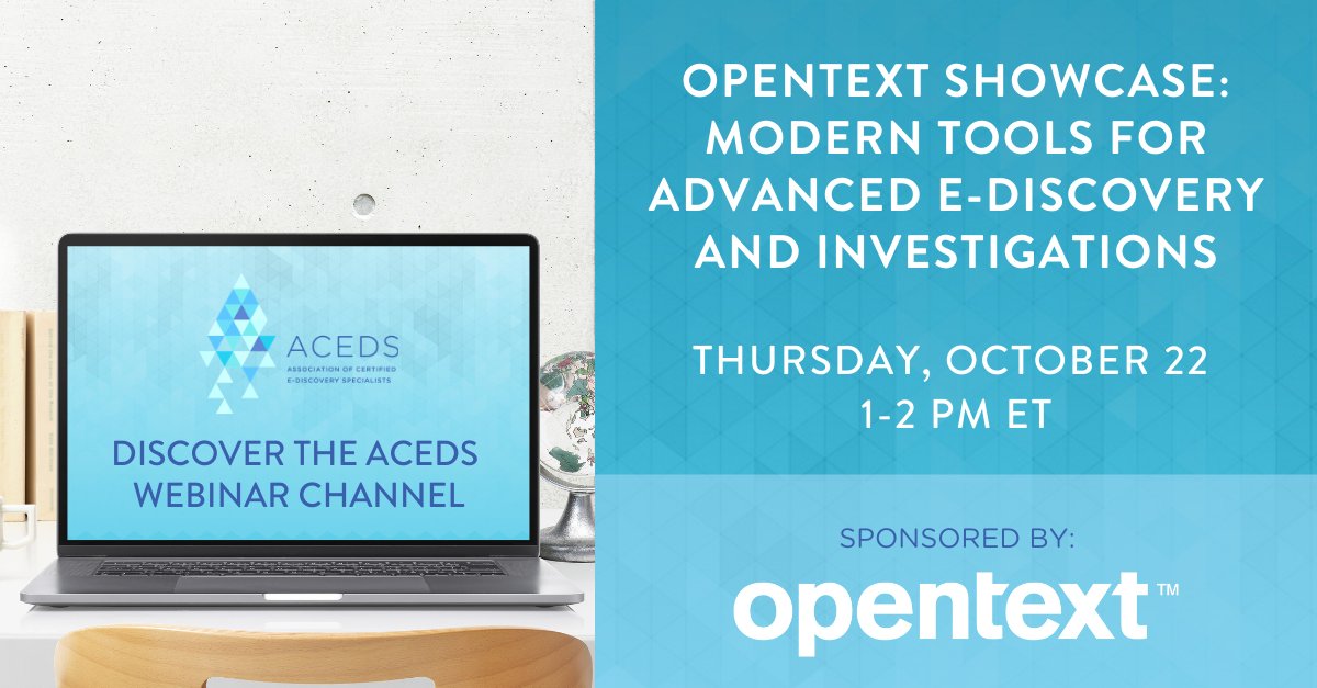 Join <a href="/AHKuhn/">Adam Kuhn</a> and Tim Nendorf tomorrow at 1pm ET on the #ACEDS Webinar Channel for "OpenText Showcase: Modern Tools for Advanced eDiscovery and Investigations" sponsored by our fabulous partner <a href="/OpenText/">OpenText</a>. Learn more and register today! #ediscovery event.on24.com/wcc/r/2698948/…