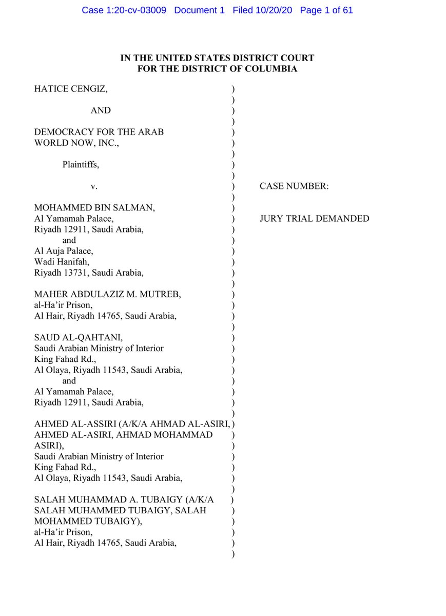 ”carried out pursuant to a directive of Defendant Mohammed bin Salman... Defendants saw Mr. Khashoggi’s actions in the United States as an existential threat to their pecuniary.. conspired to commit the heinous acts that are the subject of this suit” https://ecf.dcd.uscourts.gov/doc1/04518117327