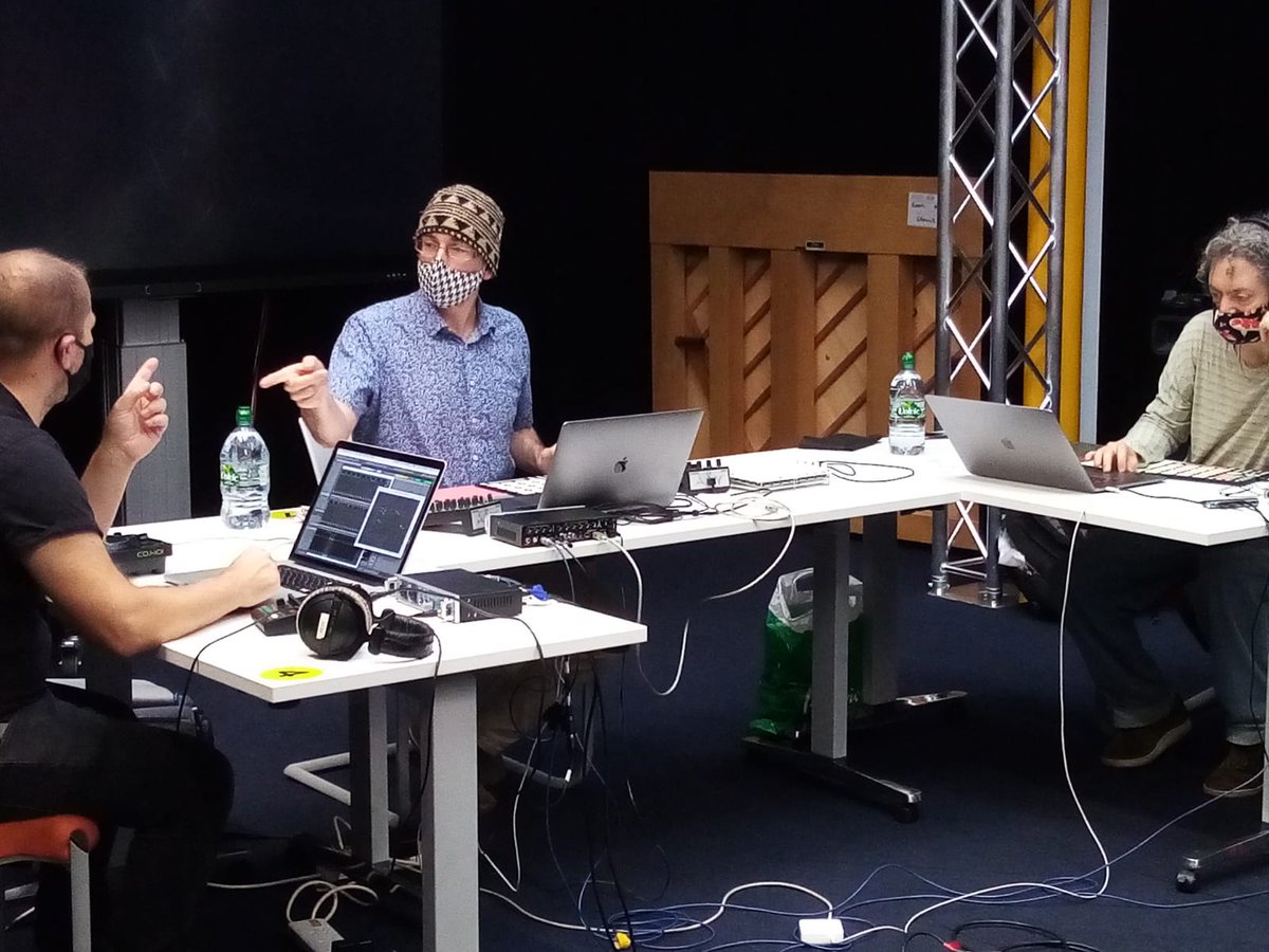 #RawGreenRust trying to remember ADAT audio routing earlier today for a pair of improvisations recorded @ReidEdinburgh @eca_edinburgh. Was great fun to be making musical sounds in the same room as @davemurrayrust and @weefuzzy. Thanks to @tinpark and co for organising and pic!