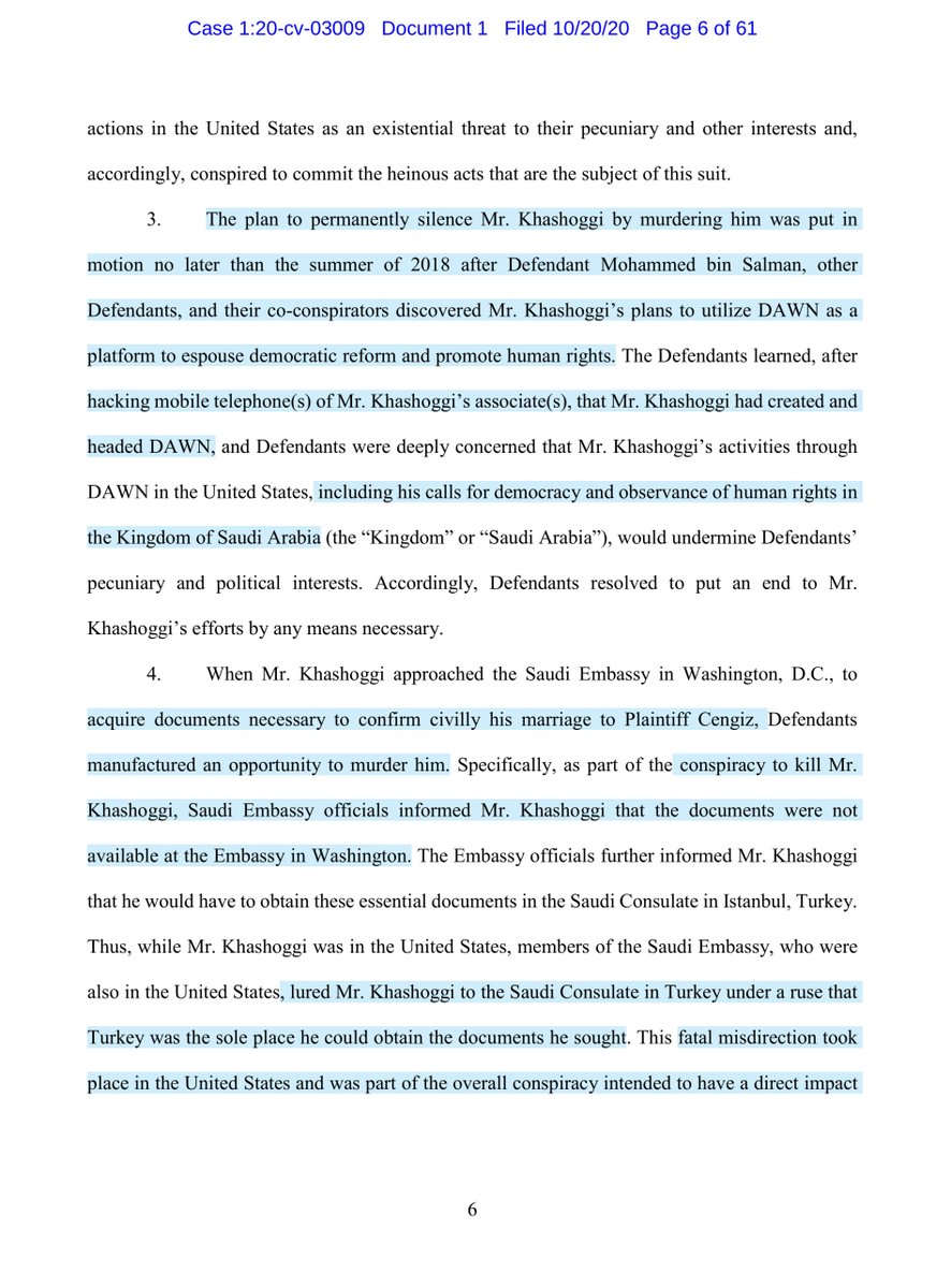 “Defendants learned, after hacking mobile telephone(s) of Mr. Khashoggi’s associate(s), that Mr. Khashoggi had created and headed DAWN, and Defendants were deeply concerned that Mr. Khashoggi’s activities through DAWN in the United States...” https://ecf.dcd.uscourts.gov/doc1/04518117327