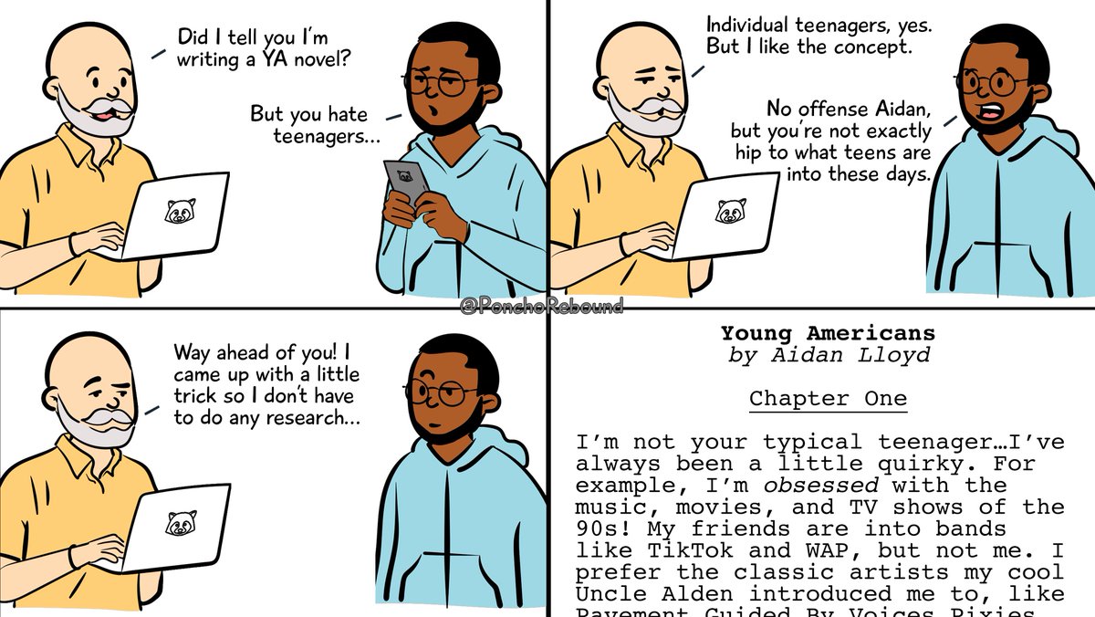 With this comic, a cast of characters is beginning to take shape:- Roohi knows Dot and Aidan- Dot and Scout are siblings- Scout and Avery aren& #39;t into the whole label thing but they& #39;re only playing Gloomhaven with each other- Aidan knows Caleb somehow- Caleb works with Cara