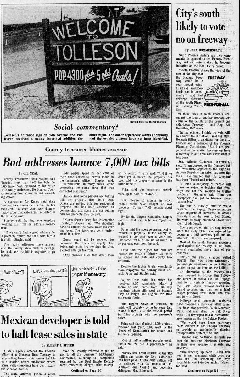 The other major effect highways have is suburbanization. You know how Sen. Hayden wanted I-10 shifted north? That was to spur growth in suburbs like Tolleson. This diverts resources from downtown areas that need it. Here's a poignant news clip showing that tension. 