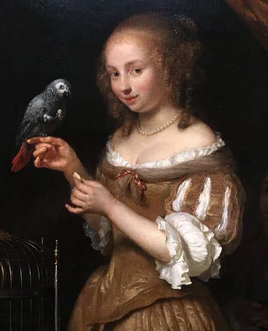 AngelicaPeyrac's tweet photo. Mujer joven alimentando a un loro (1666) es una de los mejores obras de #Netscher. Una joven elegante nos mira con coquetería mientras alimenta a un loro posado en su mano derecha. Desde los oscuros recovecos del interior, un paje atento la mira sosteniendo una bandeja de plata. https://t.co/Gn3i6CqMZp