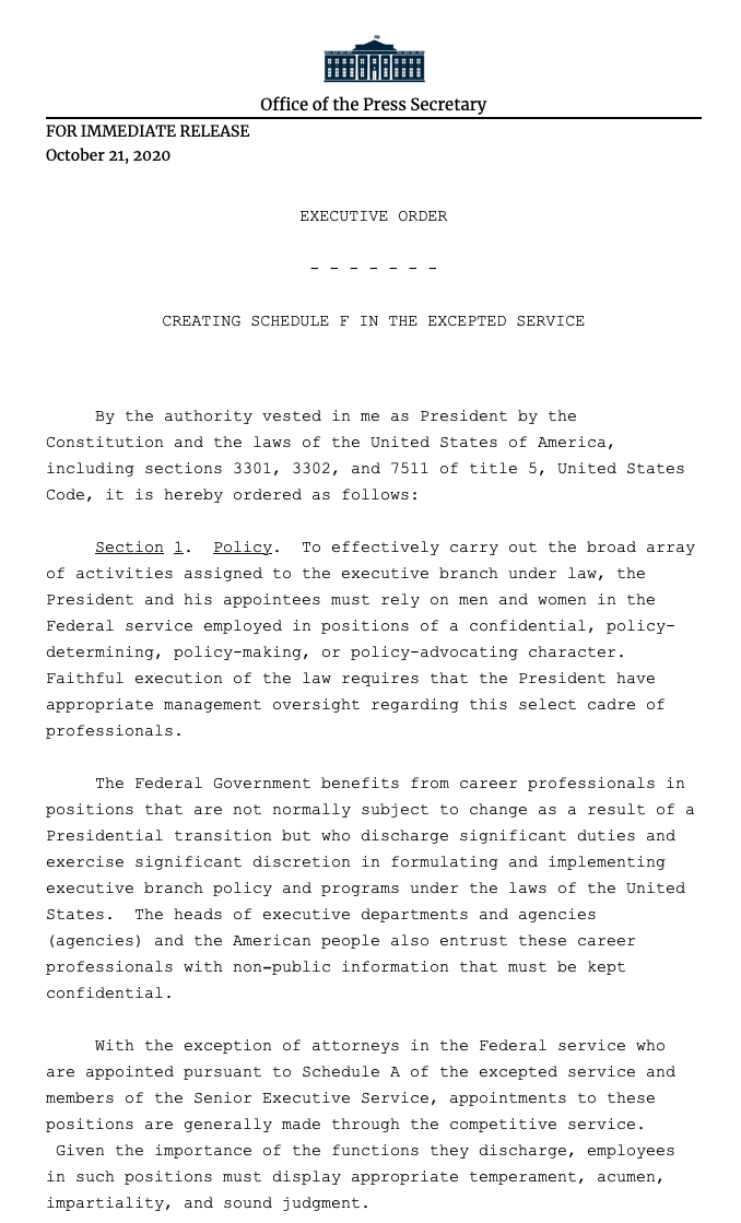 INBOX:  @realDonaldTrump has signed an executive order which removes a civil service protections from a large swath of positions "of a confidential, policy-determining, policy-making, or policy-advocating character" that don't turn over with each administration.