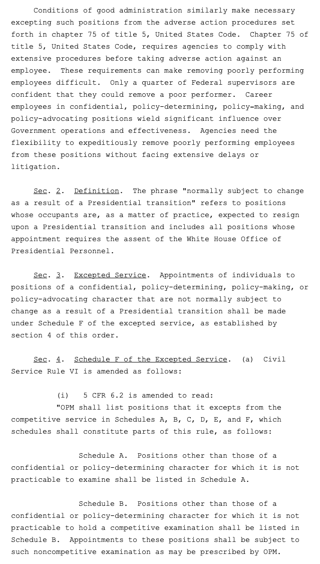 INBOX:  @realDonaldTrump has signed an executive order which removes a civil service protections from a large swath of positions "of a confidential, policy-determining, policy-making, or policy-advocating character" that don't turn over with each administration.