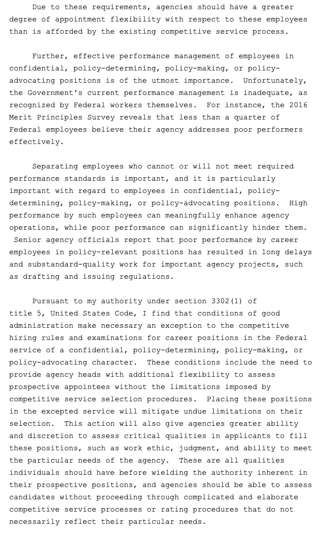 INBOX:  @realDonaldTrump has signed an executive order which removes a civil service protections from a large swath of positions "of a confidential, policy-determining, policy-making, or policy-advocating character" that don't turn over with each administration.