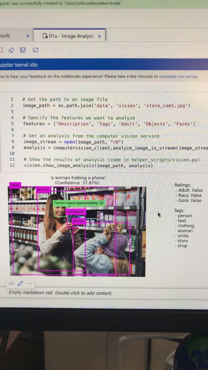 Rafndrade's tweet image. I’m training on Artificial Intelligence project, using a computer vision to identify features in the images! 
#azuremachinelearningstudio #artificialintelligence  #datascience #computervision #ai900 #cloud #python