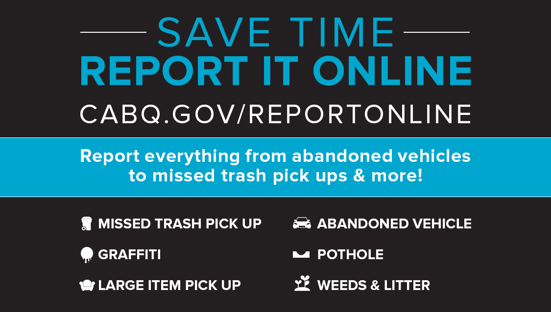cabq's tweet image. Save Time 🕒 Report It Online!
Did you know 311 has an online reporting tool? You can report everything from abandoned vehicles 🚗 to missed trash pick ups 🗑️ &amp;amp; more.
💻 cabq.gov/311/abq311/311…
#OneAlbuquerque
