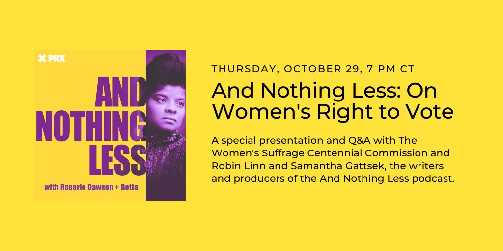 skokielibrary's tweet photo. Join a special event &amp; Q&amp;A with the producers of @prx #AndNothingLessPod, which celebrates the 100 year anniversary of the #19thAmendment.

Hosted w/ @WomensVote100:
https://t.co/n8QQUP8YuC

P.S. Read our book recommendations about #WomensSuffrage: https://t.co/zLihbe6c2B https://t.co/LeOX1PIZf8