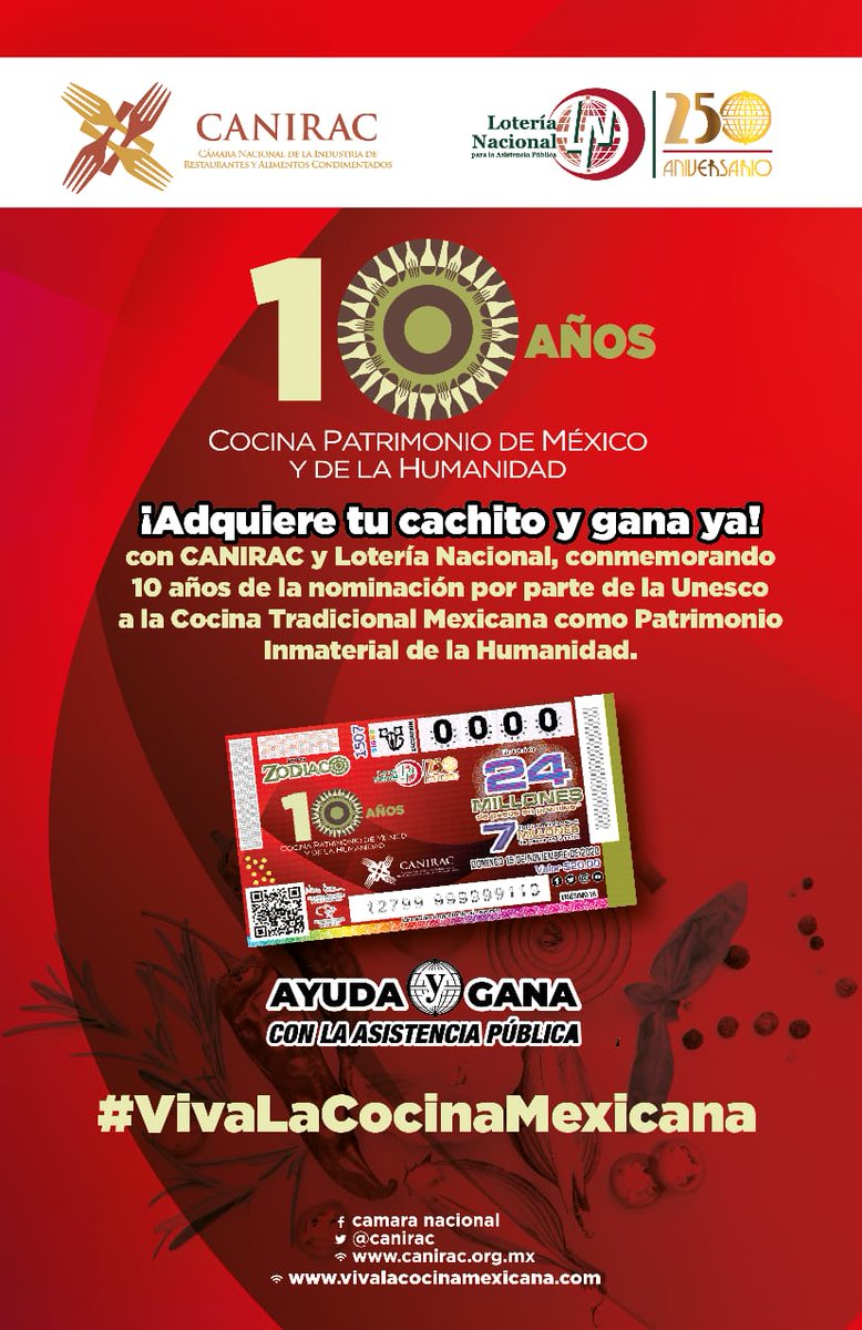 Para celebrar a la cocina tradicional mexicana como Patrimonio Inmaterial de la Humanidad, <a href="/canirac/">CANIRAC NACIONAL</a> y <a href="/lotenal/">Lotería Nacional</a> te invitan a participar en el sorteo del 15 de noviembre. #VivaLaCocinaMexicana