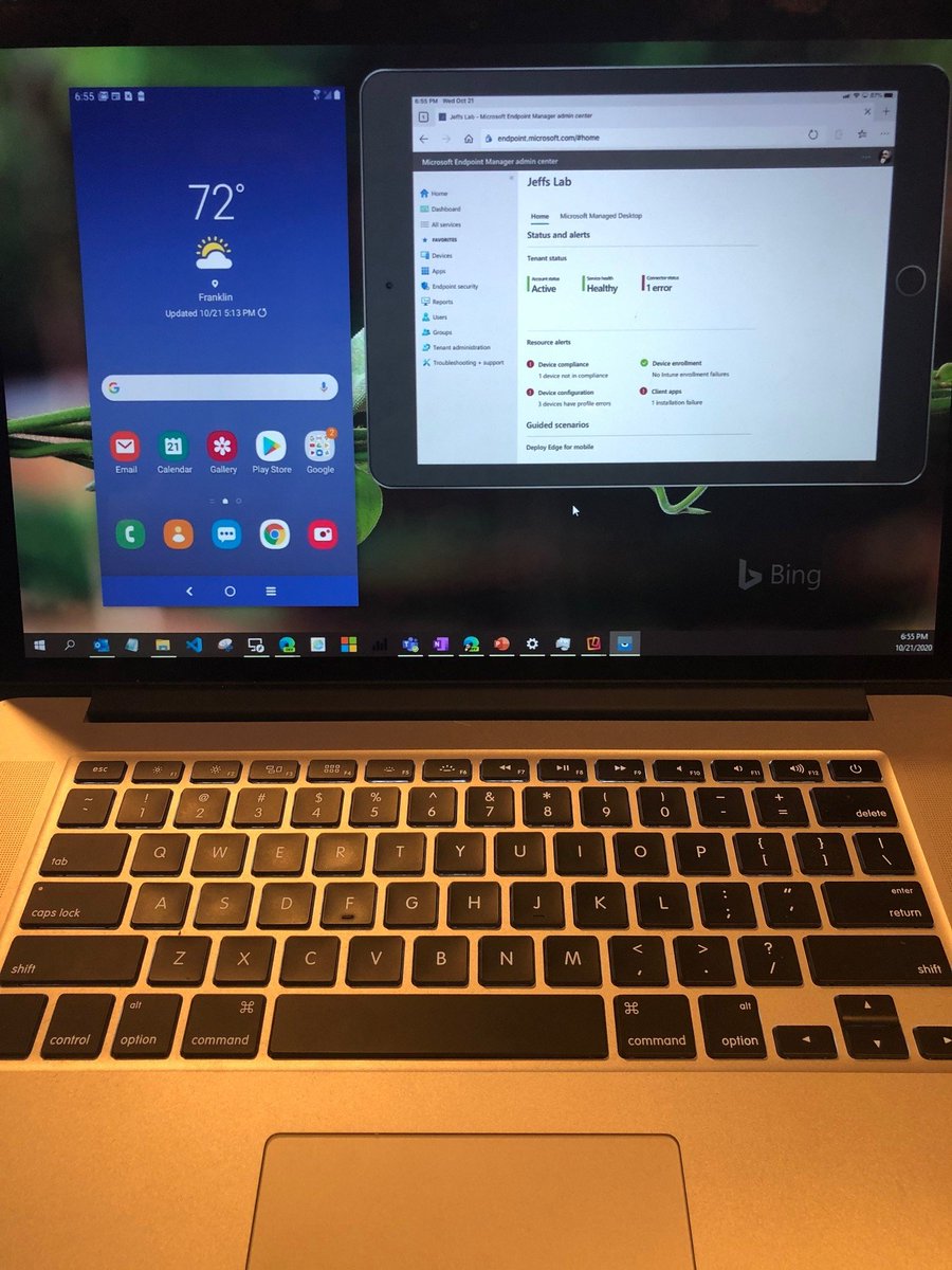 JeffGilb's tweet image. You might be cool, but are you &quot;extending your Windows desktop onto a macBook while simultaneously mirroring an iPad and an Android phone at the same time on it&quot; cool? :)  #NewToys #GeekFun