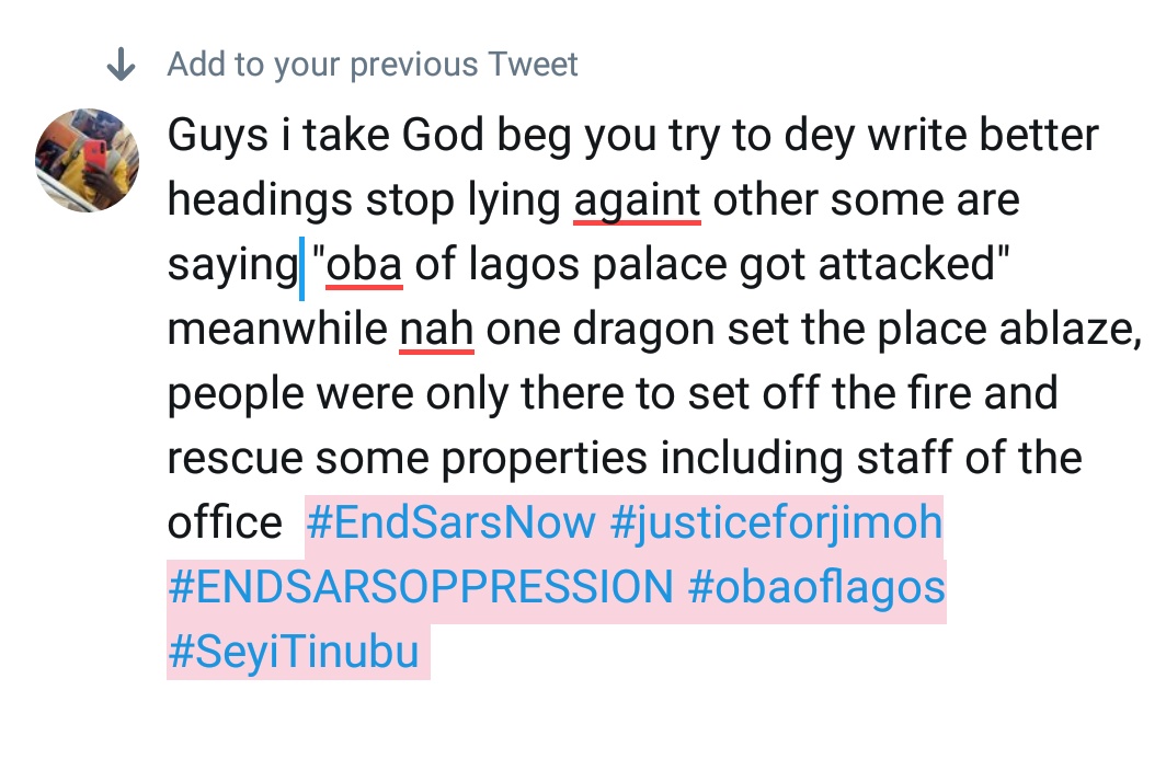 Guys i take God beg you try to dey write better headings stop lying againt other some are saying 'oba of lagos palace got attacked' meanwhile nah one dragon set the place ablaze,   #EndSarsNow #justiceforjimoh #ENDSARSOPPRESSION #obaoflagos #SeyiTinubu