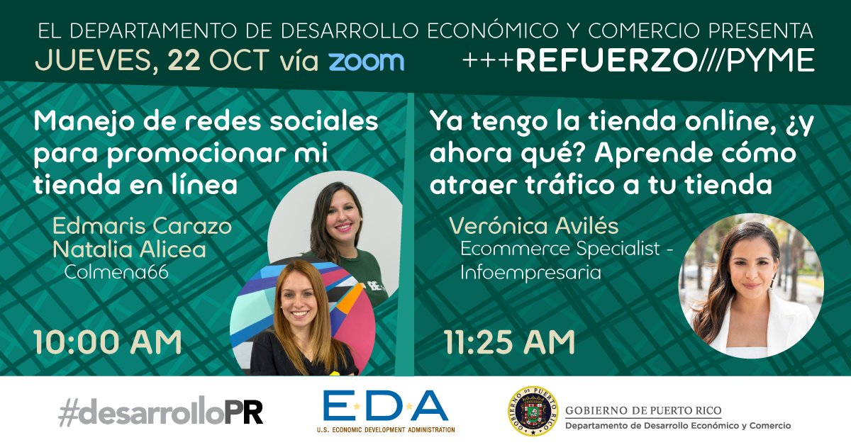 Tu tienda en línea necesita: ¡clientes! #RefuerzoPyme te trae dos talleres para que aprendas cómo manejar eficientemente tus redes sociales, promocionar tus productos y atraer tráfico. Regístrate hoy: bit.ly/RefuerzoTienda… #desarrolloPR