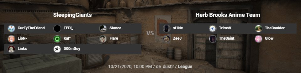 SleepingGiantGG's tweet photo. /. /. SleepingGiants VRS. Herb Brooks Anime Team

/. /. @ESEA IM LEAGUE GAME 15

/. /. 9-5 BOIZ LET'S MAKE IT 10-5 EZ DUBZ

/. /. #SGESTRONG 

/. /. FOLLOW THE BOIZ 

@AydanHare
@LioNN_S
@TEDiCSGO
@CurFythefriend 

 /. /. LIVE AT 10:00PM EST https://t.co/EHQVEqAHEV https://t.co/G1AAjTwHtQ