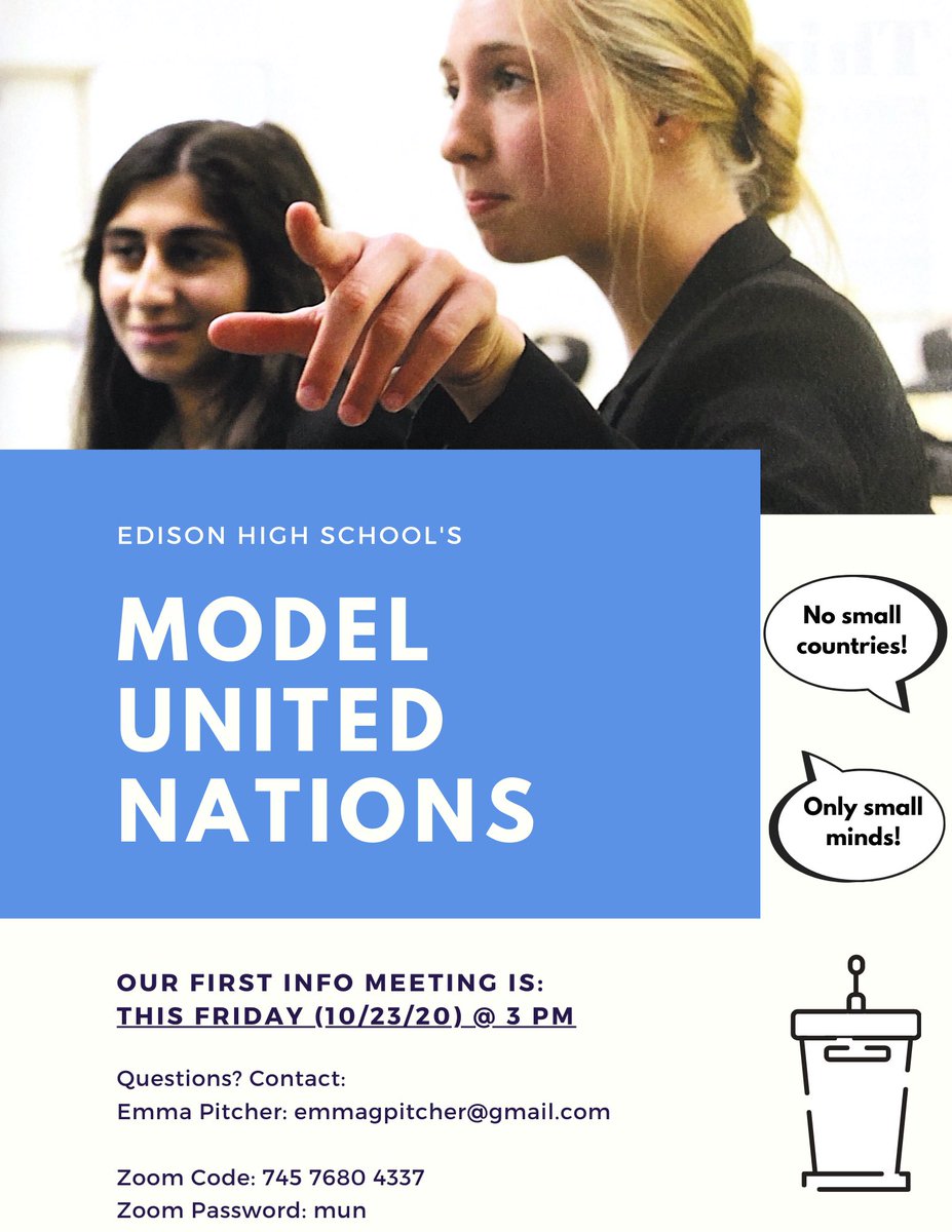 edisonhighmun's tweet photo. We have a meeting THIS FRIDAY, to discuss the upcoming fall conference. Your feedback will be crucial in deciding how we go about this fall’s conference. Please attend if you can! https://t.co/kJM7CAtbDa