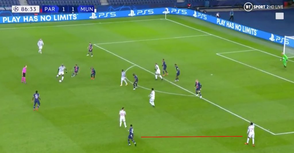 5. The Goal. (A) With PSG’s forwards instructed to stay higher up the pitch, this created massive space for AWB on the right flank. (B) Rashford notices the space left behind and when he receives the ball, the CB is not quick enough to close him down.