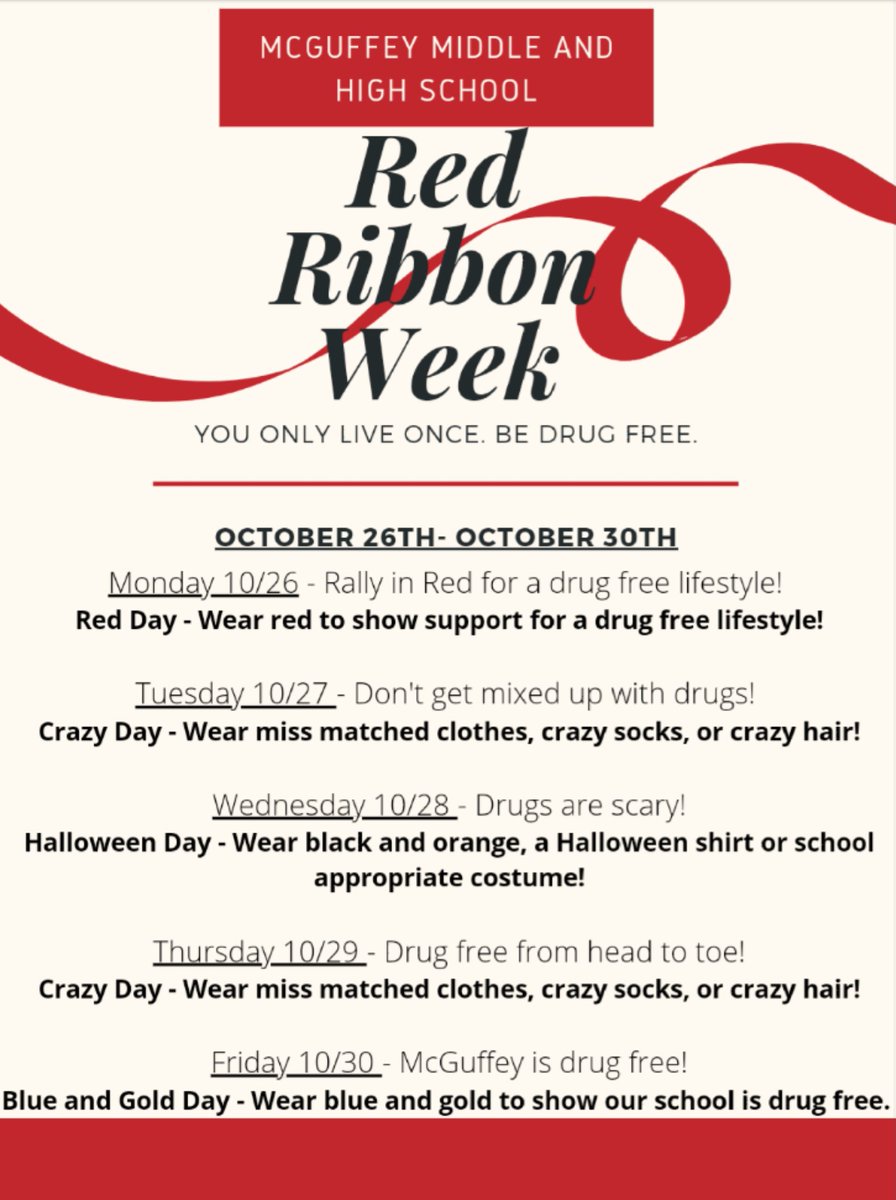 Get ready #McGuffey_MS and #McGuffeyHS #RedRibbonWeek is happening Oct. 26 - 30th! 
McG is Drug Free! 💙💛🔖