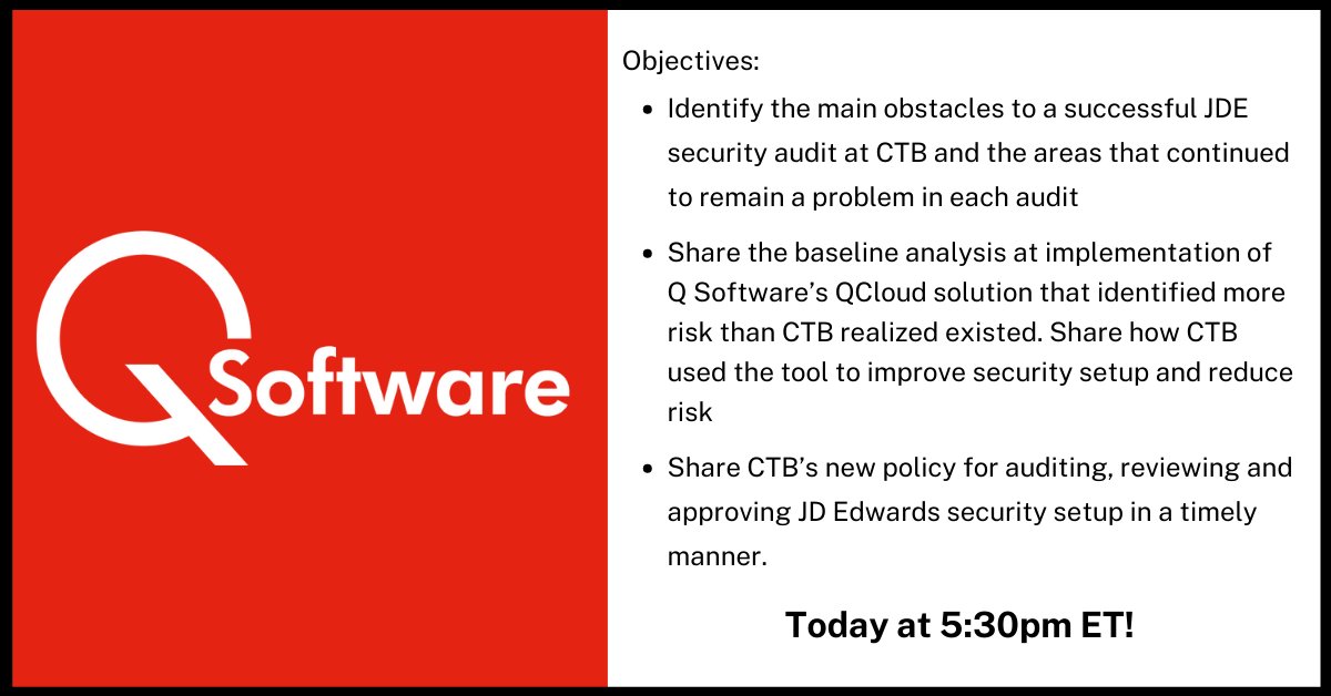 QSoftwareGlobal's tweet photo. At #INFOCUS20? Today at 5:30pm ET - JD Edwards Security Audit in the Cloud – Be Prepared for the Auditors! Session ID: 102040
Search for the session ID above to register!
#JDEdwards #JDE #ERP #Audit #Security #Auditor #Quest #Auditing #SegregationofDuties #Cloud https://t.co/1J24BBwM8P