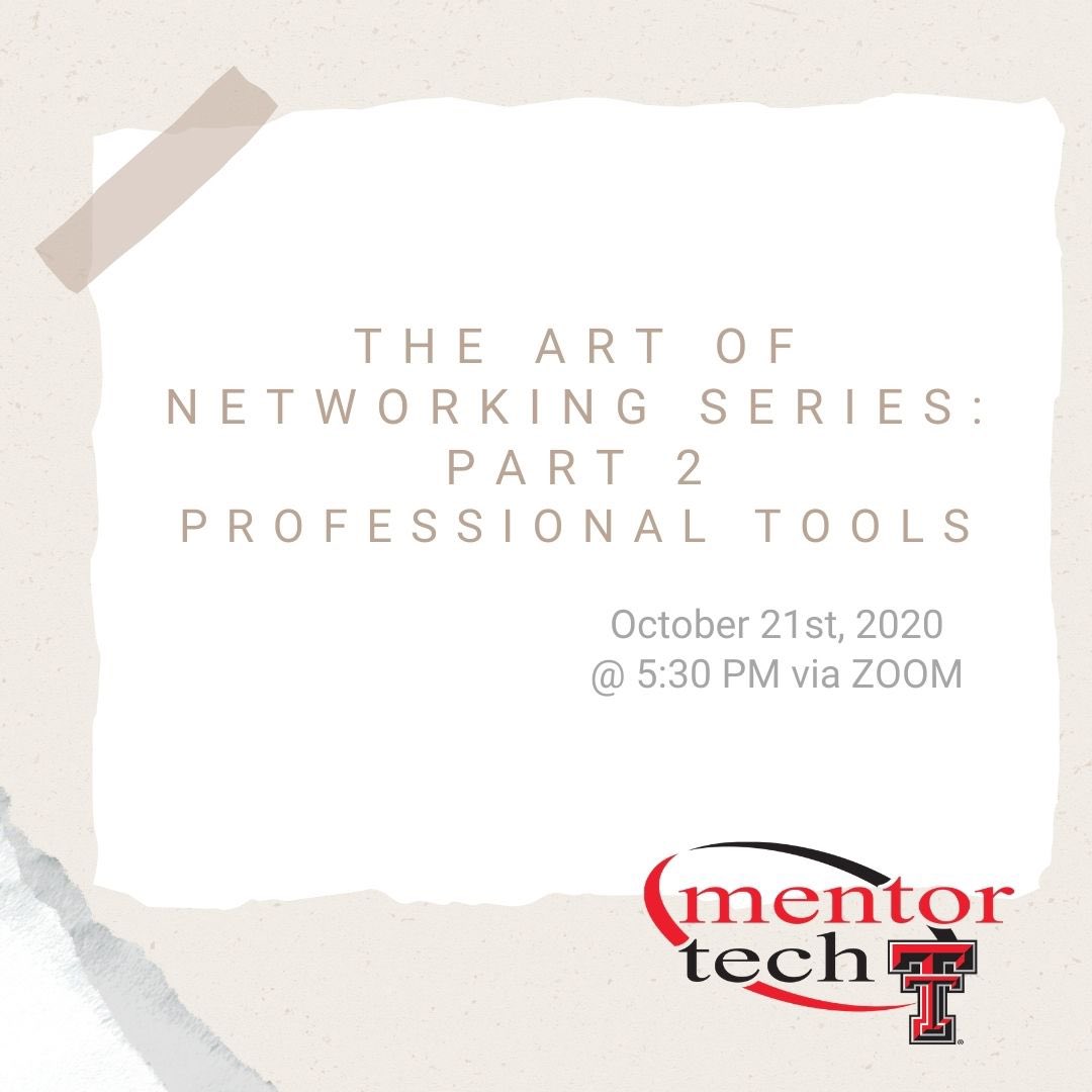 TTU_mentortech's tweet photo. Come join us in the 2nd part of our Art of Networking Series, where we show you how to utilize Professional Tools to expand your network!
Check your email for Zoom details!! ❤️ #texastechuniversity #mentortech #professionaltools #networking https://t.co/wmTD4YbB6K