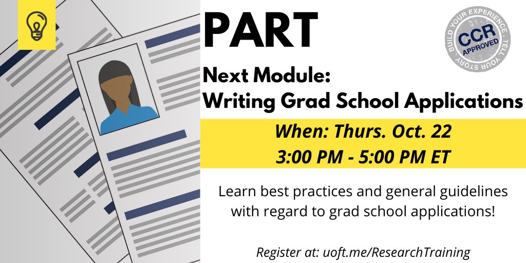 RGASC_UTM's tweet photo. Are you interested in applying to graduate school? This is the perfect PART module for you!

Learn best practices &amp; general guidelines with regard to grad school applications. 

Part 1 is tomorrow (Thursday) from 3:00 PM - 5:00 PM ET. 

Register at https://t.co/XEwfyUH7sj! https://t.co/lh78BHji3I