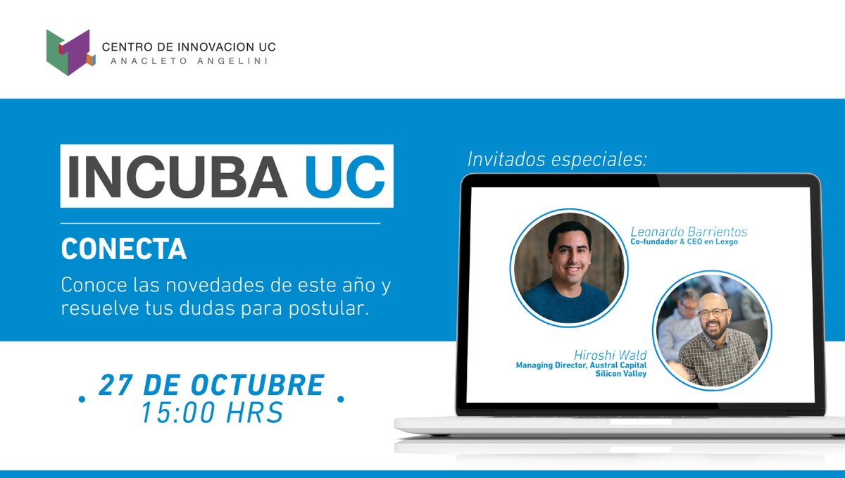 Incuba UC (@incubauc) on Twitter photo Conoce las novedades del programa de este año y resuelve dudas junto a <a href="/leobarrientosp/">Leo Barrientos</a> y <a href="/hiroshiwald/">Hiroshi Wald</a> en #IncubaUCConecta ¡Te esperamos!
Inscríbete en docs.google.com/forms/d/e/1FAI… Conoce las novedades del programa de este año y resuelve dudas junto a <a href="/leobarrientosp/">Leo Barrientos</a> y <a href="/hiroshiwald/">Hiroshi Wald</a> en #IncubaUCConecta ¡Te esperamos!
Inscríbete en docs.google.com/forms/d/e/1FAI…
