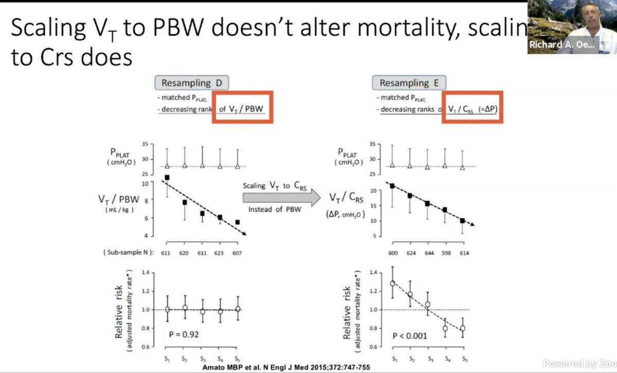 . @roeckler: Quotes supplement of the Amato paper. No improvement in mortality with decreasing Vt but look at that improvement with optimizing DP.  #CHEST2020