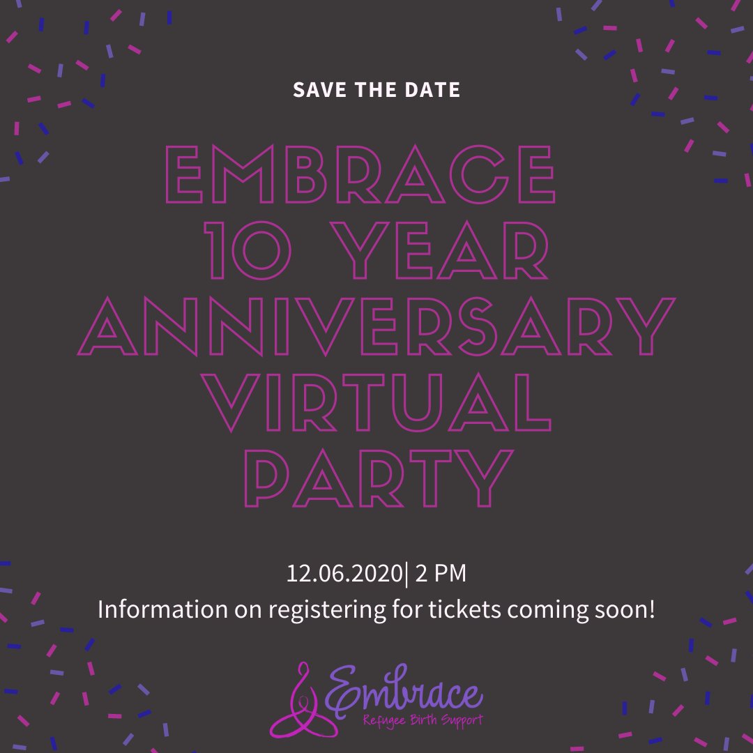 EmbraceRefugee's tweet photo. Save the date for our 10 year anniversary party! December 6 at 2pm! We'd love to have you there! Link to register is coming soon! #10yearanniversary #healthymoms #healthybabies #10yearsembracing #embracerefugeebirth https://t.co/2DCORWfRCg