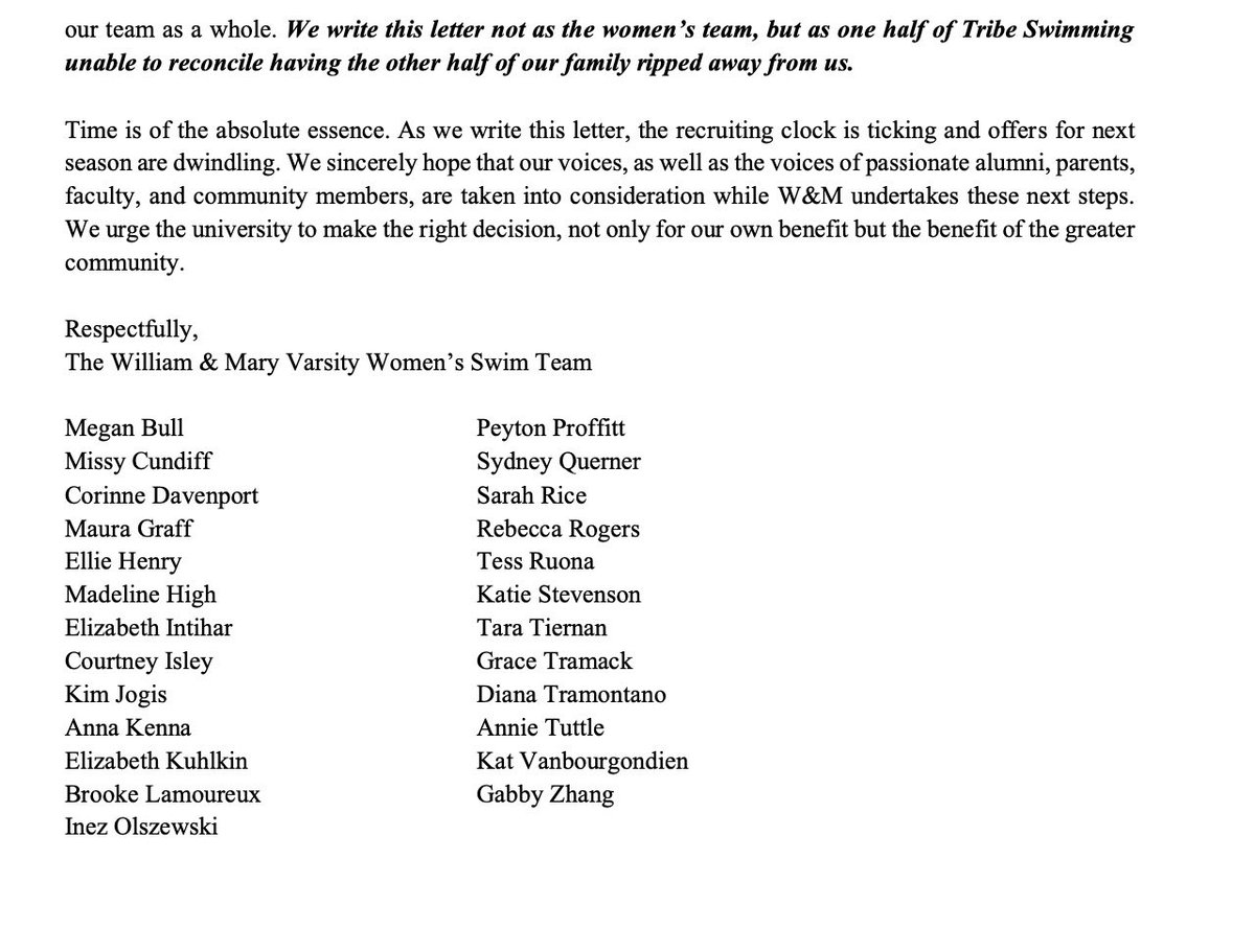 FriendTribeSwim's tweet photo. "We write this letter not as the women’s team, but as one half of Tribe Swimming unable to reconcile having the other half of our family ripped away from us” 

An Open Letter Written to Interim AD Jeremy Martin from the William &amp; Mary Varsity Women's Swim Team. https://t.co/l8y6algtdx