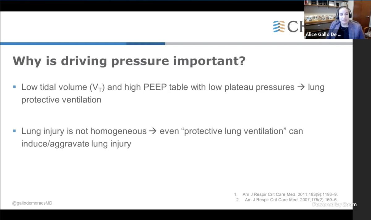 . @GallodeMoraesMD: Is up next defending LOW DP! Lung injury is not homogenous. So even "lung protective injury" can aggravate lung injury.  #CHEST2020