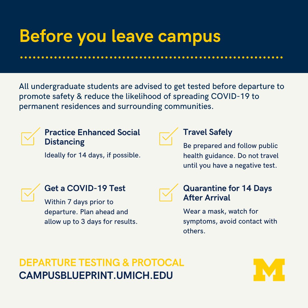 We all play an important role in keeping each other safe from  #COVID19.  @UMichStudents choosing to return home are advised to take important preventive measures to protect their home communities. Here's what you need to know before you leave:  http://myumi.ch/2D9YM  1/4