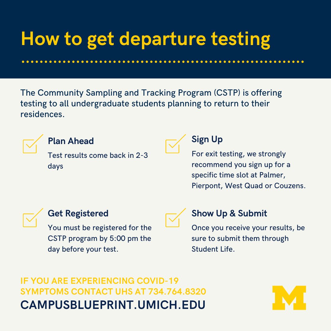 Testing and enhanced social distancing are advised for all undergraduate students before returning home to promote safety and reduce the risk of spreading  #COVID19. Find out how to get departure testing:  http://myumi.ch/lxbVD  2/4