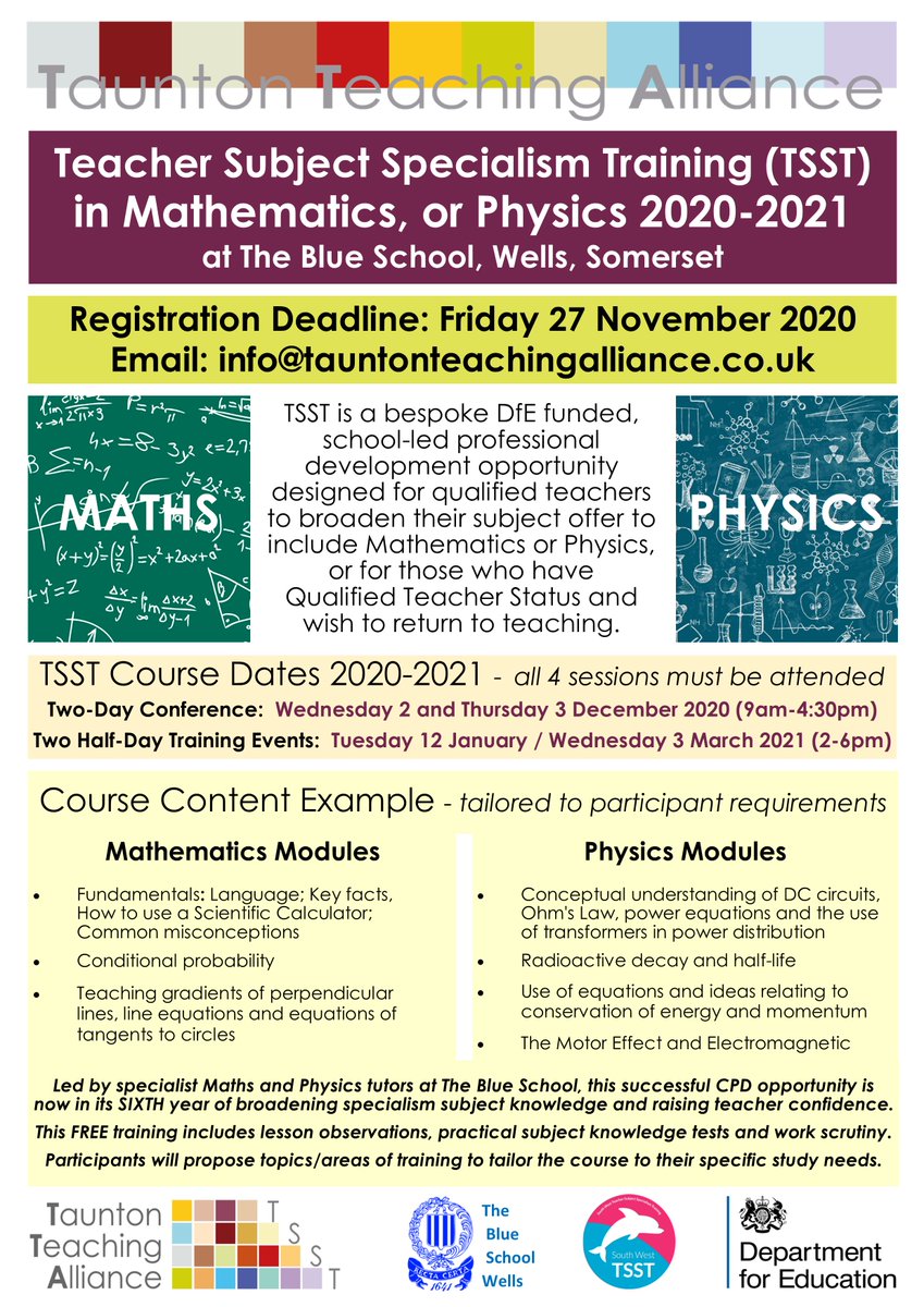 Booking Now: New FREE TSST courses in Secondary Maths &amp; Physics start Weds 2 Dec @BlueSchoolWells. Suitable for those wishing to return to teaching, broaden their subject offer, or update their curriculum knowledge. Email info@tauntonteachingalliance.co.uk tauntonteachingalliance.co.uk/continuing-pro…