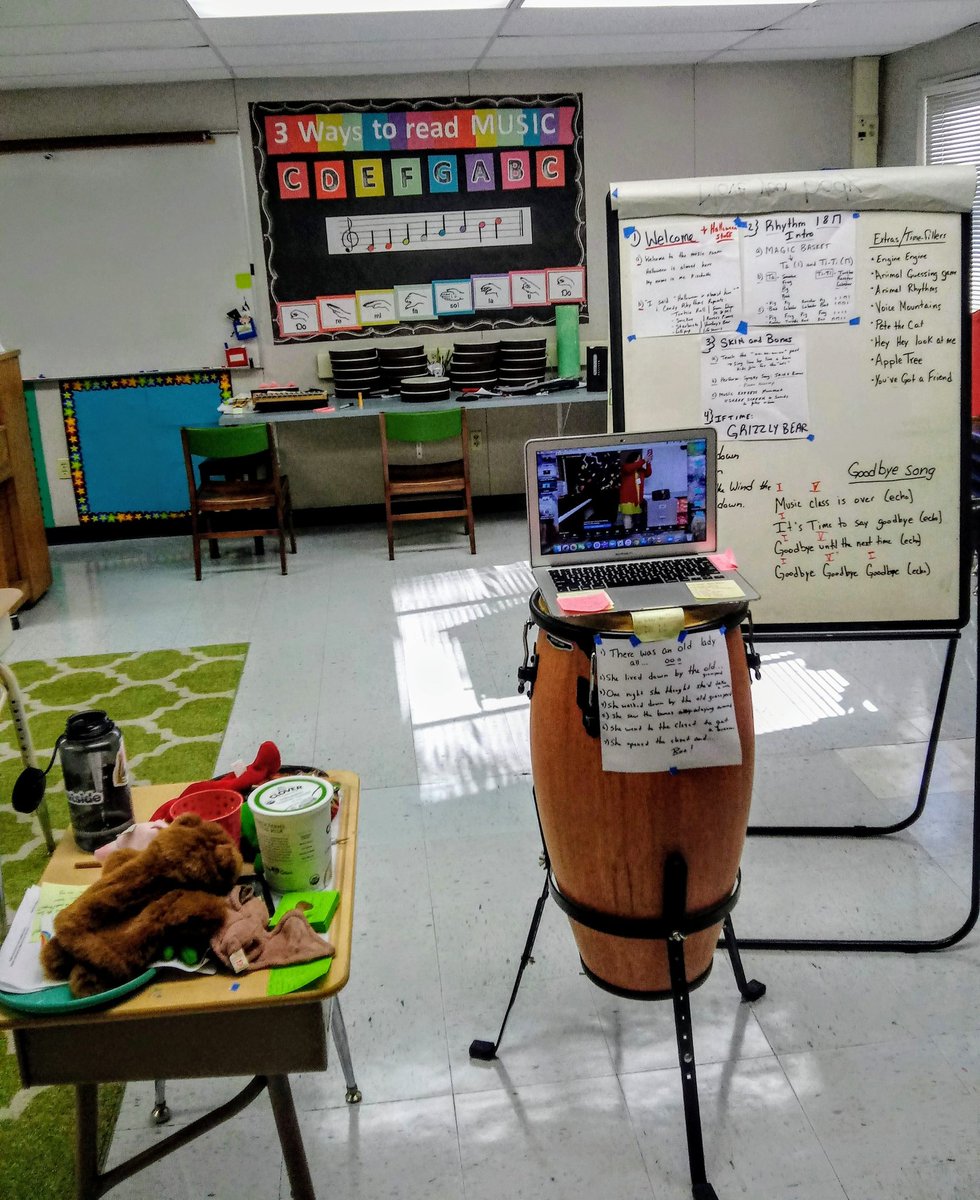 BVsMissMusic's tweet photo. It's live-on-Zoom day in the #bvmusicroom for kinders and 1st graders. This is what they see versus what I see. @wcef @BuenaVistaWCSD @WalnutCreekSD https://t.co/ubEsGM1fld