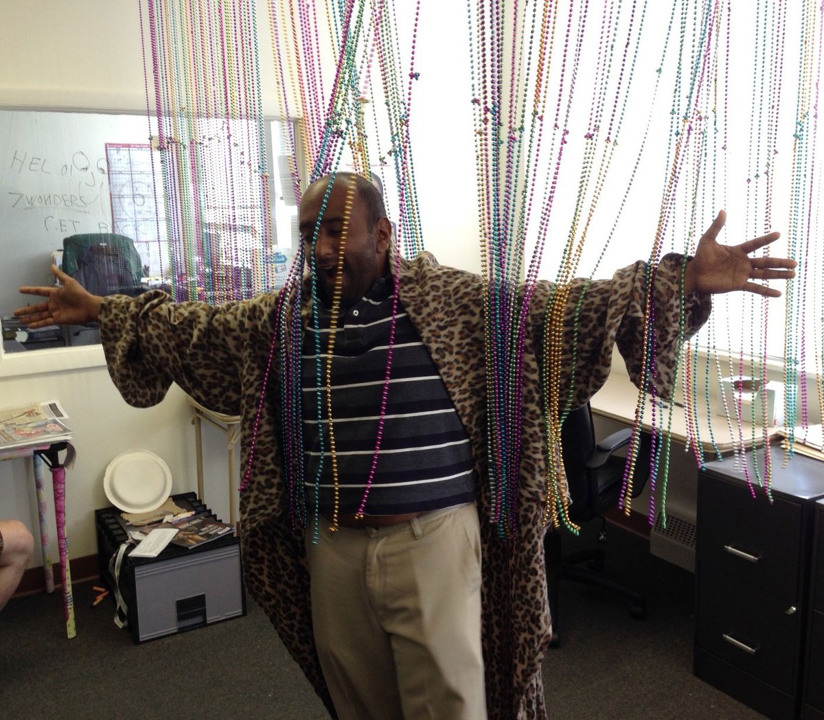 2014 office pranks. Satish& #39;s desk was turned into a corner office with a bunch of Mardi Gras beads.