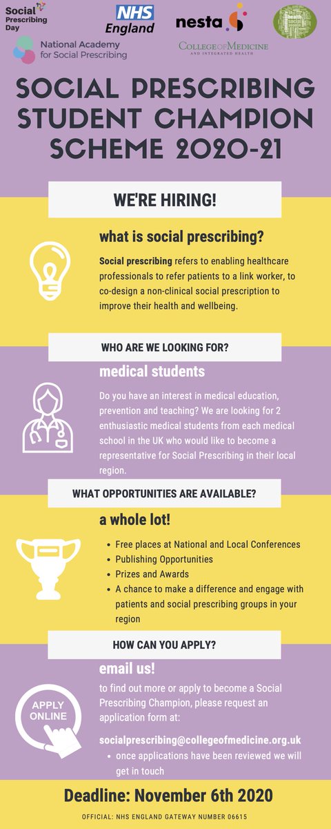SP_champScheme's tweet photo. 📣Announcement:
We’re hiring Student Champions‼️

Are you a medical student who wants to get involved with #socialprescribing?
Interested in #MedEd?

Request an application form: socialprescribing@collegeofmedicine.org.uk

#MedTwitter #MedStudentTwitter #MedStudentOpportunity https://t.co/OgjmapGYNP