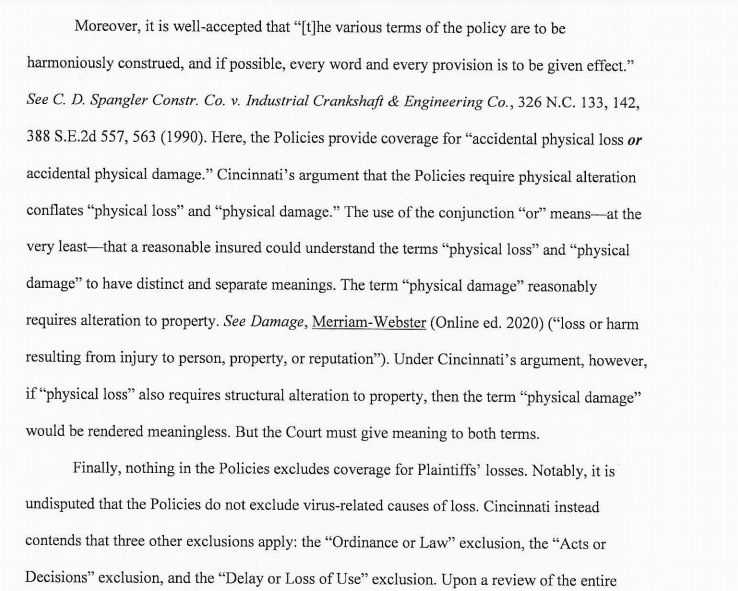 JeffSistrunk's tweet photo. Today in COVID-19 coverage litigation: in apparent first, N.C. judge grants SJ to group of restaurants, finds that Cincinnati Ins. Co. must provide coverage

Case is North State Deli et al. v. Cincinnati Ins. Co., 20-CVS-02569, Durham County

#businessinterruption #covid19 https://t.co/frEWEInn3z