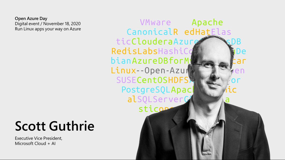 Azure's tweet image. Join @ScottGu and #LinuxOnAzure rock stars at #OpenAzureDay on November 18 to get best practices for running Linux and OSS workloads on Azure. Register today: msft.it/6010TN1Fn