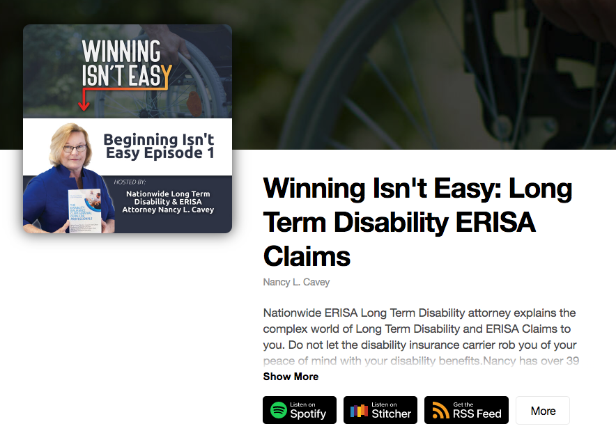 mitchjackson's tweet photo. There's a new #podcast in town! My friend, attorney Nancy Cavey, a Nationwide ERISA Long Term Disability attorney, explains the complex world of Long Term Disability and ERISA Claims to you in each episode. Give it a listen and subscribe!  https://t.co/LmQnCEyyxO https://t.co/a7YpA4LaVL