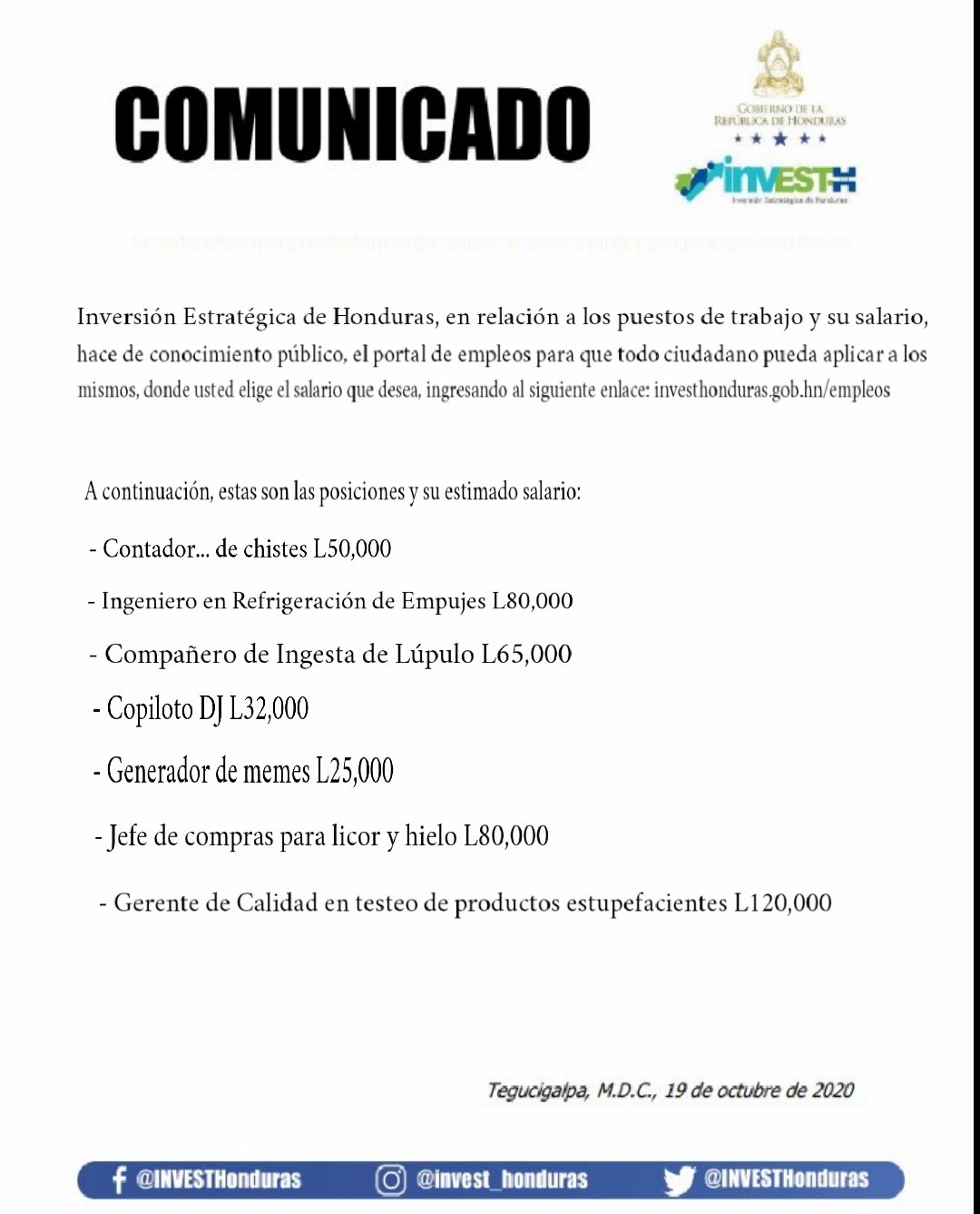 Congreso Nacional auf Twitter: „🚨COMUNICADO🚨 INVEST-H a través del  Congreso Nacional, hace a conocimiento público el portal de empleos y las  actuales posiciones. Fecha máxima de aplicación: 31 de Octubre del 2020.
