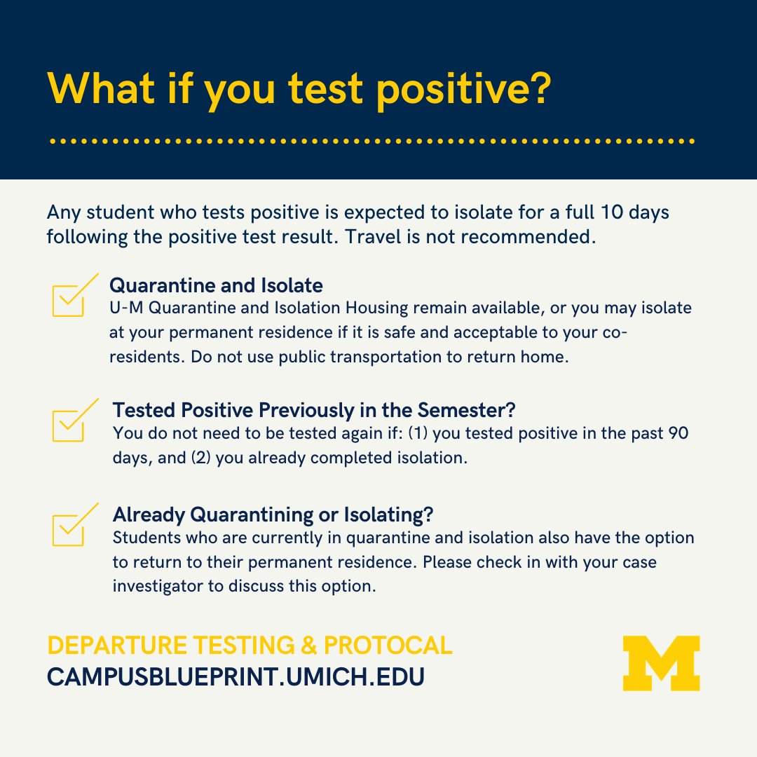 . @UMichStudents who test positive during departure testing are expected to quarantine or isolate. This can be done on campus or at your permanent residence. Know your options to keep yourself and others safe.  http://myumi.ch/2D9YM  3/4