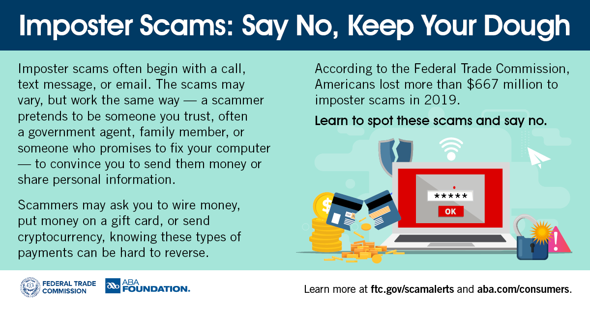 FTC on Twitter: "How to spot, avoid, and report imposter scams: https://t.co/hqJVwYMf34 #SayNoKeepYourDough… "