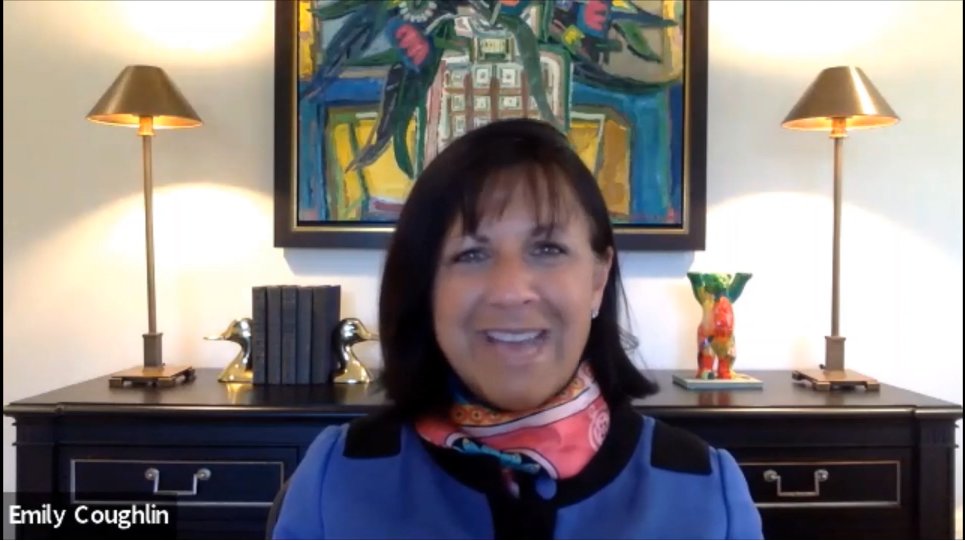 DRICommunity's tweet photo. DRI President-Elect Emily G. Coughlin welcomes attendees to DRI’s first-ever Virtual Annual Meeting, which has record-breaking attendance of 1,800+ attorneys! #DRIVAM #lawfirms #law #lawyers #DRImeansbusiness #DRILawyer https://t.co/ovErfdzT36