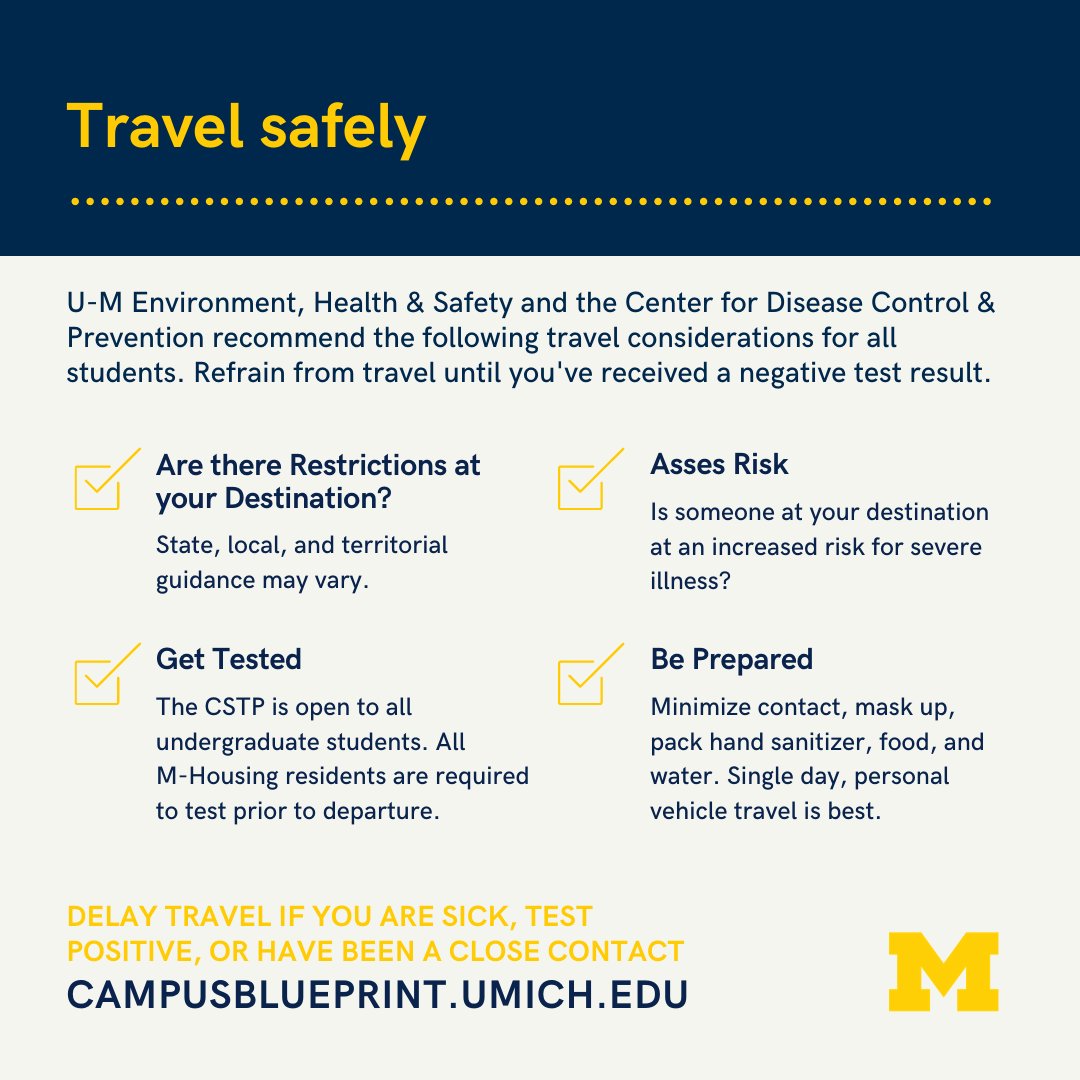 Traveling during a pandemic requires strict adherence to public health guidelines. Before returning home, assess the risk, make a plan, get tested, and be sure to maintain your distance for 14-days after arrival.  http://myumi.ch/2D9YM  4/4