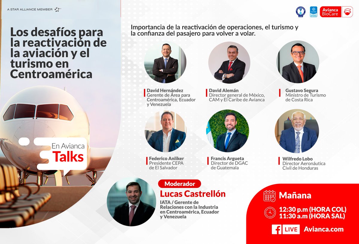 avianca's tweet photo. Falta un día para que nuestros invitados expertos @dhernandezaero, @dfalemana, #GustavoSegura, @anliker1980, @FrancisArguetaA, #WilfredoLobo y #LucasCastrellón se unan en nuestro Avianca Talks. Conéctate a: https://t.co/mNaZMqRiW0 y aprende más de la industria aeronáutica. https://t.co/M3hKWwMeg9